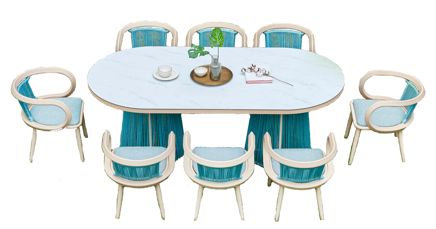 COMEDOR OVALADO CON 6 SILLAS TAPIZ AZUL (3270RE)