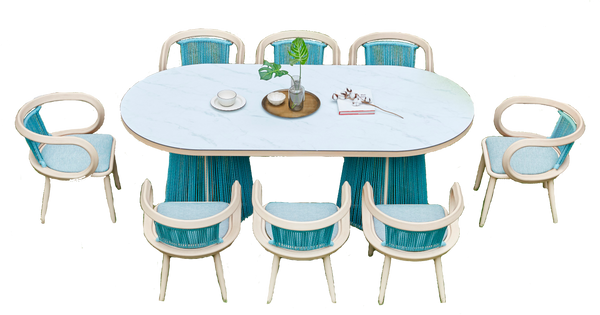 COMEDOR OVALADO CON 6 SILLAS TAPIZ AZUL (3270RE)